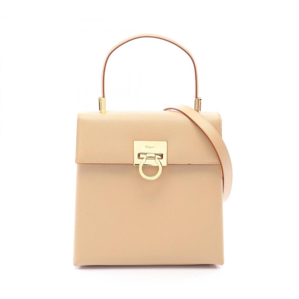 Salvatore Ferragamo Gancini 2-Way Handbag, Leather, Women's, Beige, 21 0160